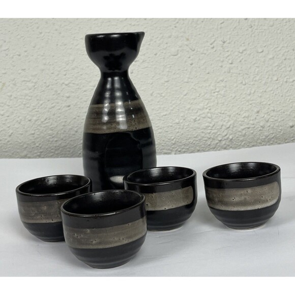 VTG 90s Japanese Tianmu Sake Set Decanter 4 Cups NWT Stoneware Aichi Japan Black - Picture 1 of 7